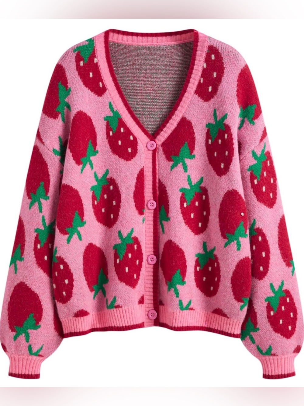 Cider Pink Strawberry Print V-Neck Cardigan Sweater